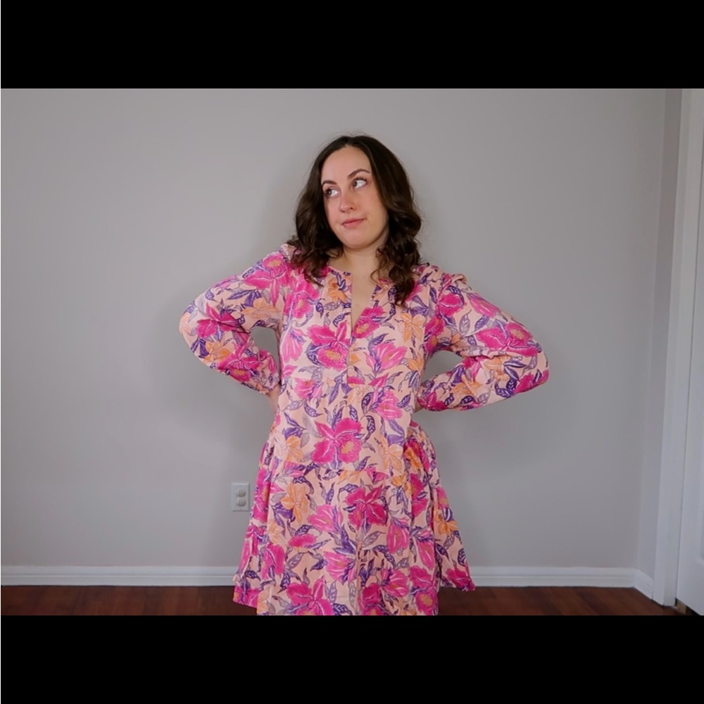 Old Navy Vibrant Pink Floral Long Sleeve Boho Dress